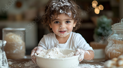 A young child covered in flour holding a bowl filled with flour on a wooden table smiling sweetly