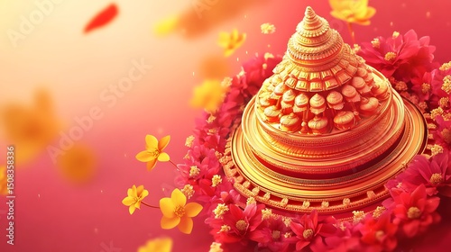 Ornate gold design encircled by flowers.