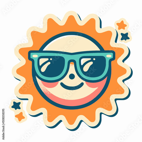 A grinning cartoon sun wearing cool sunglasses with stars. Ideal for websites/blogs on summer, fun, holidays, sunny weather, or positive themes.