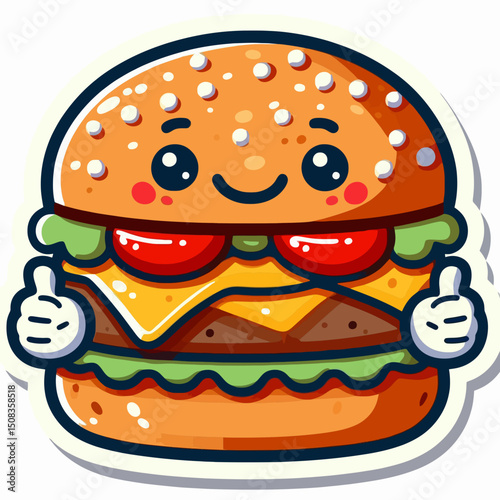 A cute kawaii hamburger sticker with a smiling face and thumbs up. Suitable for food blogs, restaurant websites, and sticker designs.
