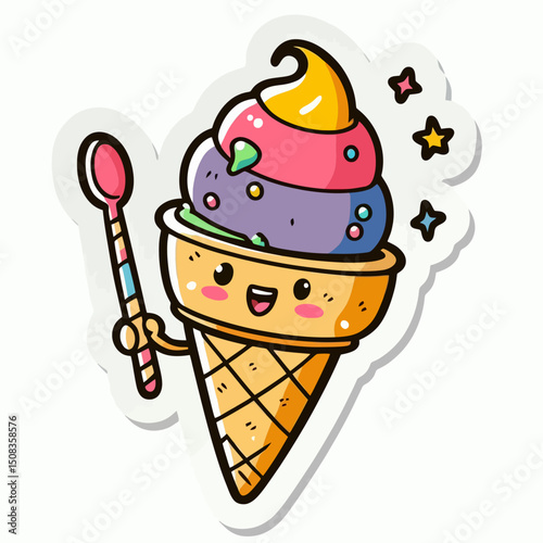 A whimsical ice cream cone character with a smiling face, holding a spoon, and surrounded by sparkling stars. Ideal for websites/blogs on desserts, kids' content, sweet treats, or happy themes.