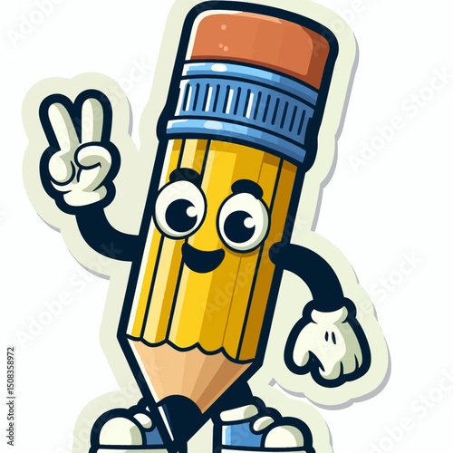 A cute cartoon pencil character with a happy face, arms, legs, and giving a peace sign. Suitable for educational websites, art blogs, and stationery promotions.