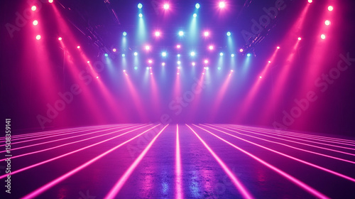 A stage with pink and blue lights shining down and pink lines on the floor of the stage area