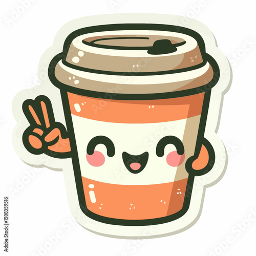 A cute cartoon coffee cup with a happy face and giving a peace sign. Suitable for coffee blogs, morning themes, and sticker designs.