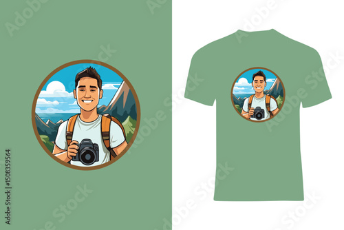 Illustration of a cheerful man with a camera and backpack against a majestic mountain background, presenting adventure, photography, and outdoor enthusiasm.