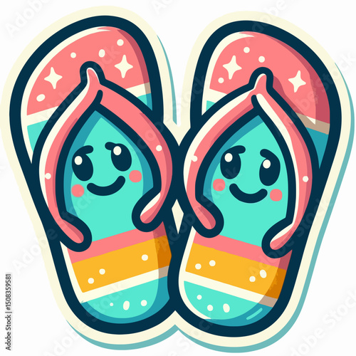 A pair of cute cartoon flip-flops with smiling faces and colorful straps. Useful for summer blogs, beachwear shops, or vacation websites.
