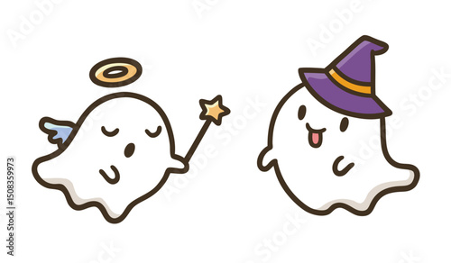 天使と魔女に仮装したかわいいハロウィンのゴーストキャラクター
