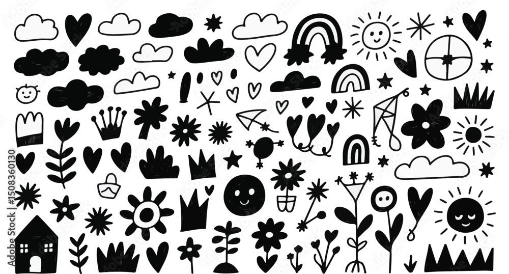 Obraz premium Kid crayon chalk line cloud, flower children sticker set. Hand drawn crayon doodle sketch childish cute element set. Chalk star, heart, flower color cute element background. Vector illustration