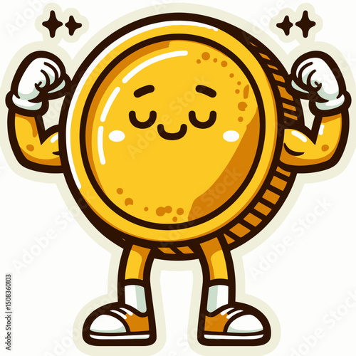A strong, cute cartoon gold coin character flexing its arms. Useful for finance blogs, investment websites, or motivational content about wealth.