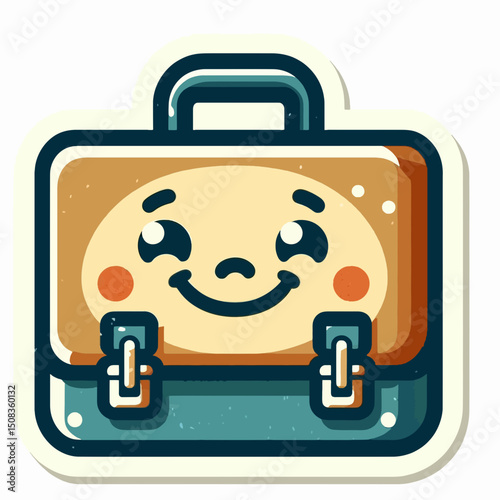 A cute cartoon briefcase character with a smiling face. Useful for business blogs, back-to-school websites, or work-related content.