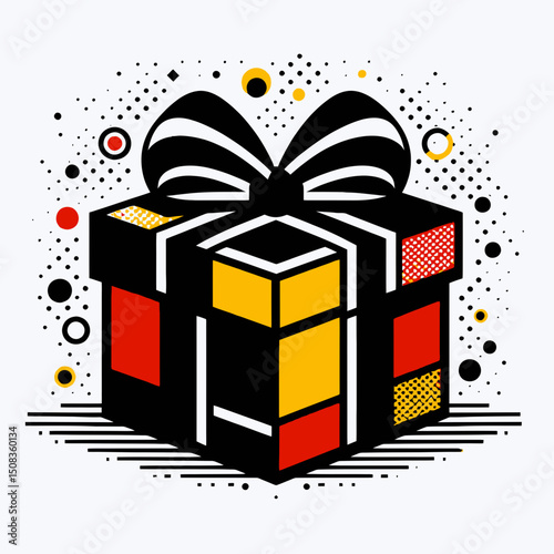 A stylized gift box with a large bow, featuring black, red, and yellow geometric patterns. Useful for holiday blogs, gift guides, or celebratory designs.