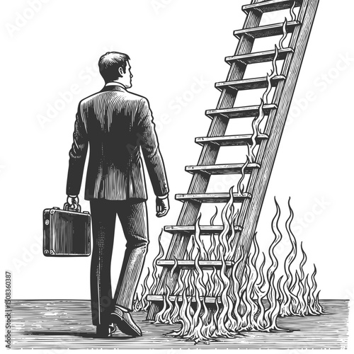 businessman standing before a flaming ladder, symbolizing risk, challenge, and sacrifice on the path to success sketch engraving generative ai vector illustration. Scratch board. Black and white.