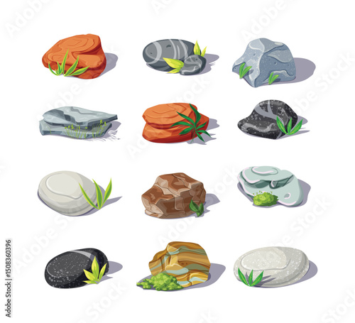 Cartoon colorful stones set with boulders pebbles sandstones. Nature illustration. Rocks and plants illustration.