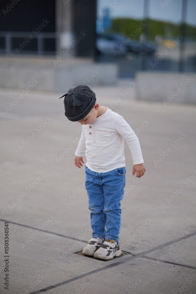 Cute little boy wearing a stylish cat-eared hat, white shirt, and jeans, walking confidently on an urban sidewalk with a concrete and metal background. Casual outdoor children’s fashion. Cute little boy wearing a stylish cat-eared hat, white shirt, and jeans, walking confidently on an urban sidewalk with a concrete and metal background. Casual outdoor children’s fashion.