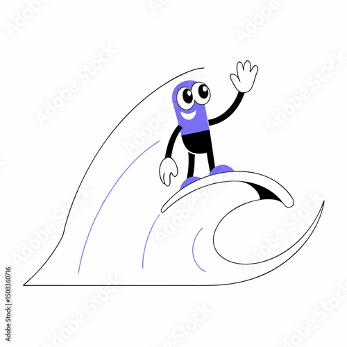 Funny vector cartoon illustration of a cute baby penguin in a suit with a sword, standing on ice with fish and blue water