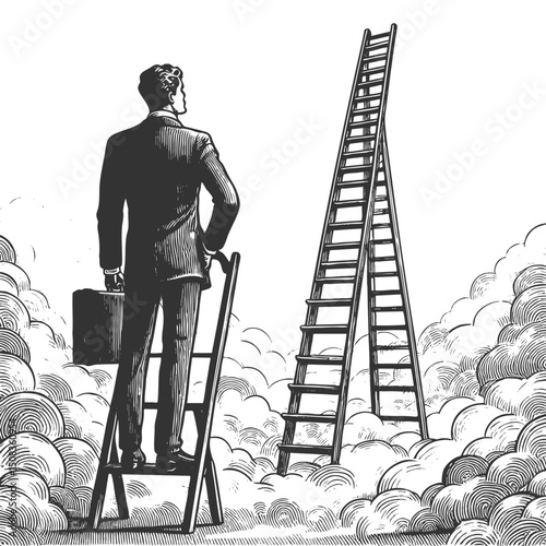 businessman standing on one ladder, evaluating a much taller one ahead, symbolizing ambition, opportunity, and career decisions sketch engraving generative ai vector illustration. Scratch board. 