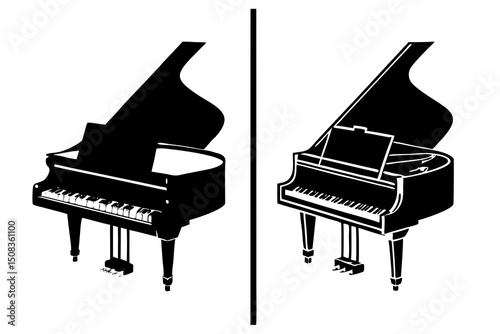 Grand Piano Technical Drawing – Detailed Black and White Minimalist Blueprint Illustration