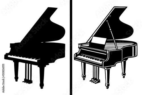 Grand Piano Technical Drawing – Detailed Black and White Minimalist Blueprint Illustration