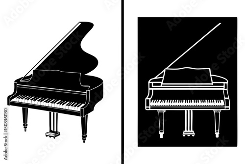 Grand Piano Technical Drawing – Detailed Black and White Minimalist Blueprint Illustration