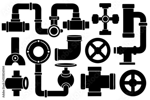 Plumbing Line Art Icons Set – Industrial Tools & Fixtures in Black and White Vector Style