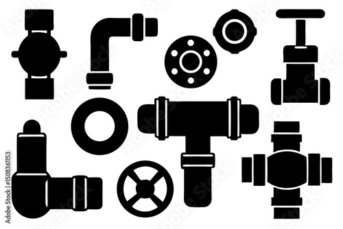 Plumbing Line Art Icons Set – Industrial Tools & Fixtures in Black and White Vector Style