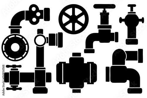 Plumbing Line Art Icons Set – Industrial Tools & Fixtures in Black and White Vector Style