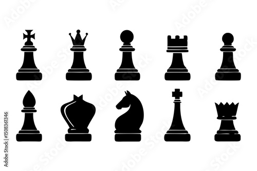Minimalist Black and White Chess Piece Silhouettes in Geometric Style