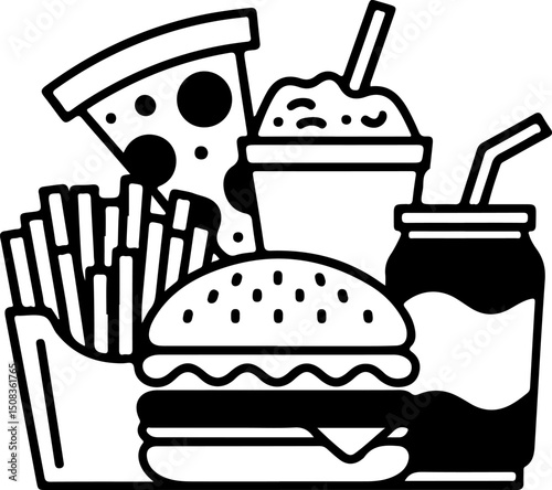 Icon of common fast foods. There is pizza, soda, a burger, fries, and a smoothie, each delineated in a simple black and white illustration.
