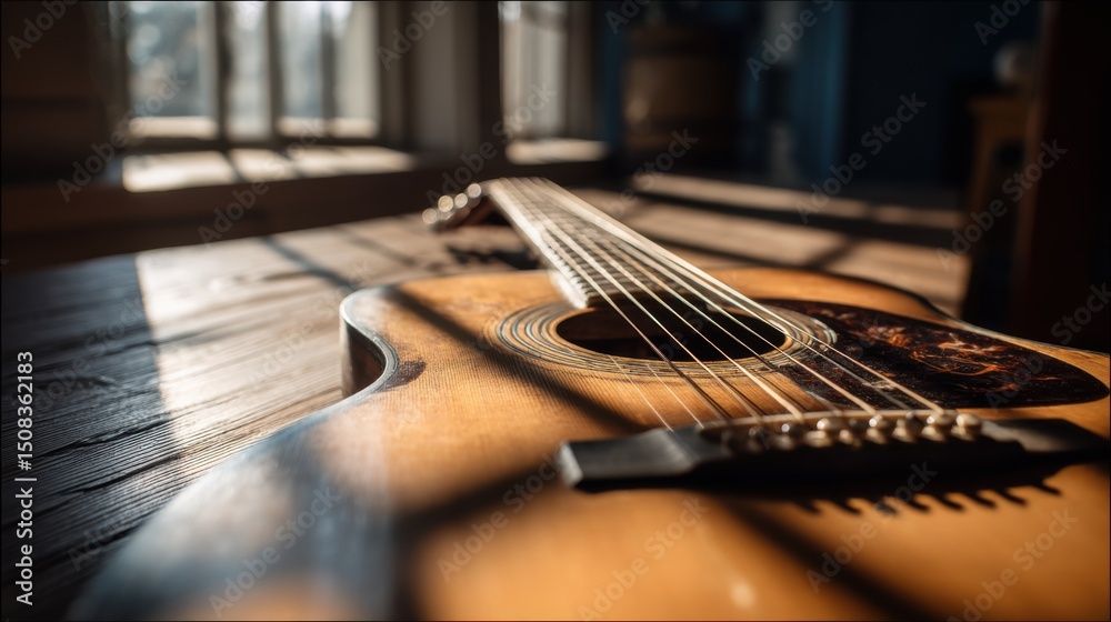 Fototapeta premium Warm brown wooden acoustic guitar with glossy finish lying on dark-toned wooden floor, strings prominently visible from bridge to headstock. Soft natural light streams through window, casting long sha