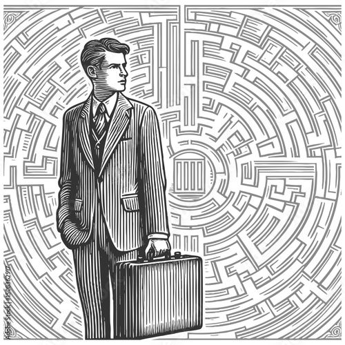 businessman in a suit staring at a vast maze, symbolizing complexity, decision-making, and strategic thinking sketch engraving generative ai vector illustration. Scratch board. Black and white image.