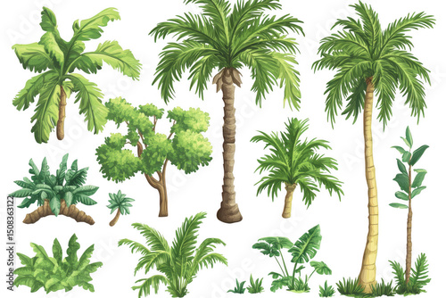 Tropical green plam plants collection isolated on transparent background