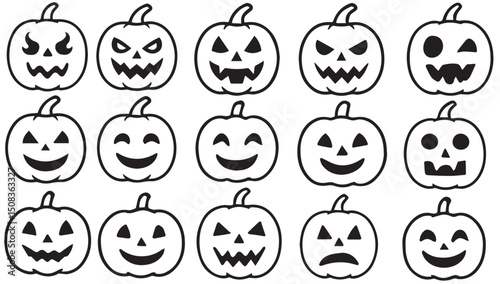Halloween Pumpkin Face Icons Set – Jack-o'-Lantern Expressions in Black Line Art Style