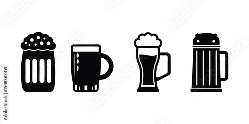 Beer Glass and Bottle Silhouettes, Pub & Brewery Vector Icons