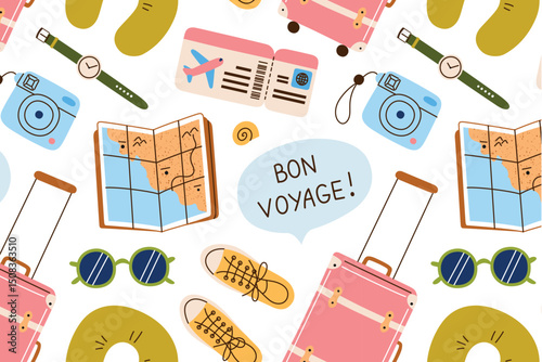 Seamless travel pattern in playful cartoon style. Vector illustrations of suitcase, travel pillow, sneakers, sunglasses, plane ticket, hand lettering bon voyage. Travel accessories, gift wrap, textile
