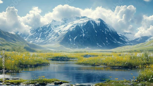 A painting of a mountain lake surrounded by wildflowers