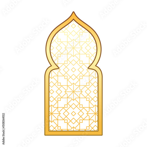 Islamic golden window frame with domed top. Traditional arabic architecture.