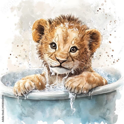 Cute lion cub taking a bath in a basin.