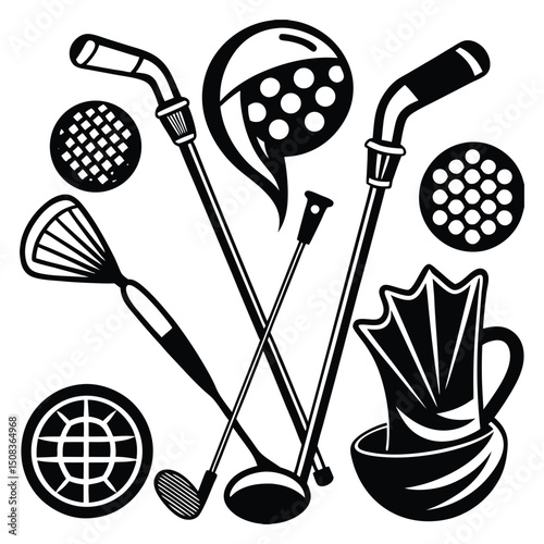 Golf club emblem with golf ball, clubs and bag of golf