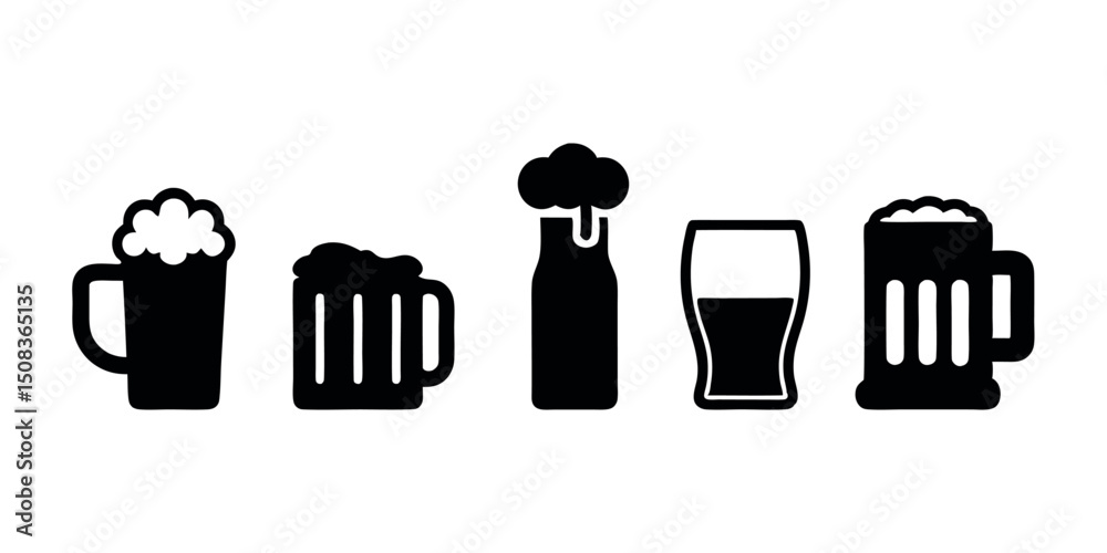 Fototapeta premium Beer Glass and Bottle Silhouettes, Pub & Brewery Vector Icons