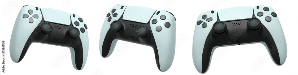 Collection of gaming controllers with different colors and designs for gaming enthusiasts isolated on white background with clipping path Collection of gaming controllers with different colors and designs for gaming enthusiasts isolated on white background with clipping path