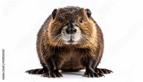 A close-up, frontal studio shot of a North American beaver, featuring detailed fur, whiskers, and a striking expression, set against a clean white background.