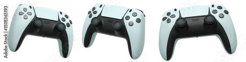 Collection of gaming controllers with different colors and designs for gaming enthusiasts isolated on white background with clipping path