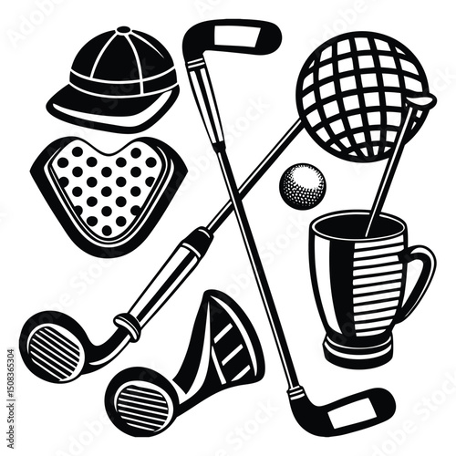 Golf club emblem with golf ball, clubs and bag of golf