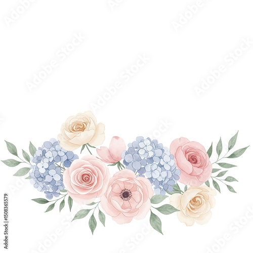 Elegant floral arrangement with roses, hydrangeas, and lush green foliage