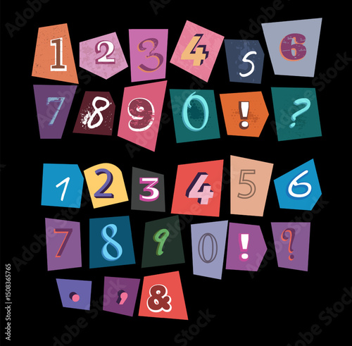 Vector set of colorful cutout newspaper numbers and punctuation marks for ransom or collage.
