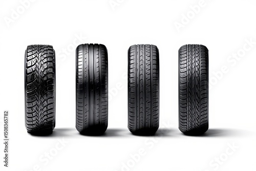 Different types of car tires arranged side by side showcasing unique tread designs and profiles for various road conditions photo