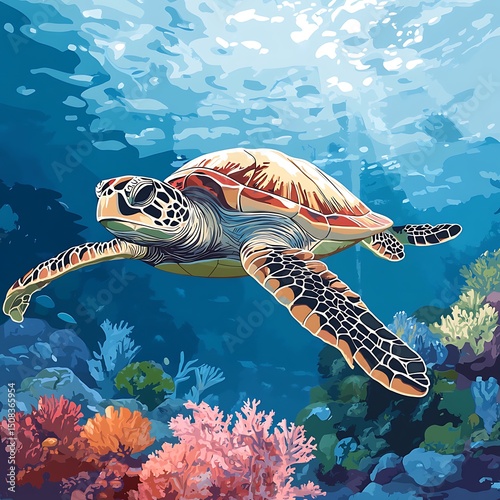Vibrant underwater scene featuring a sea turtle amidst coral reefs.