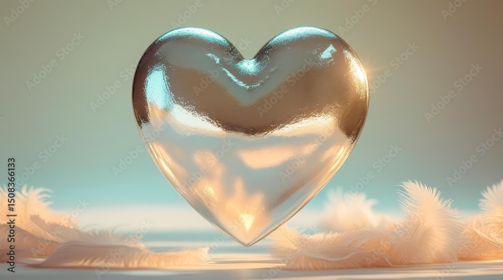 Fototapeta premium Silver heart on a cream background with soft shadows and warm glow. Elegant minimalist composition with a vintage feel. Romance and visual depth.