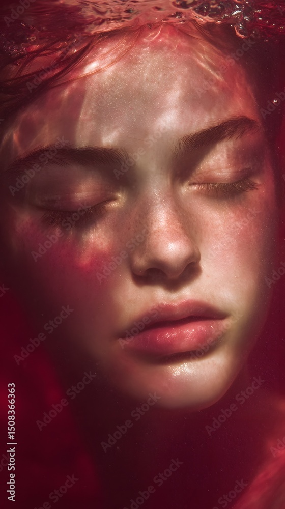 Captivating underwater portrait of a graceful tranquil woman with eyes closed surrounded by a dreamlike red tinted water Captivating underwater portrait of a graceful tranquil woman with eyes closed surrounded by a dreamlike red tinted water