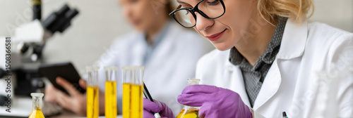 Blonde scientist with glasses and purple gloves examines glowing elixir, alchemy modernity, National Science Day, eccentricity
